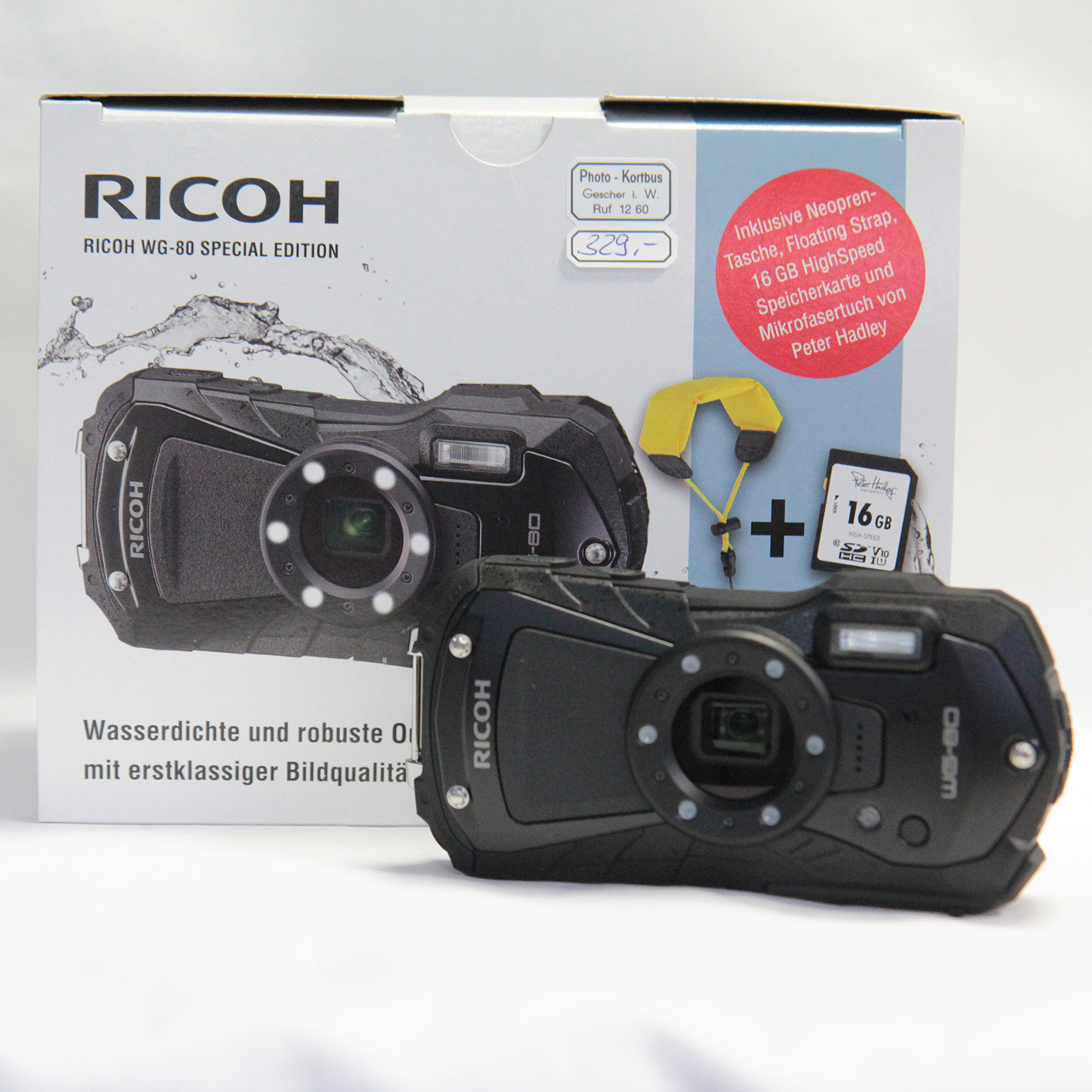 Ricoh WG-80 Special Edition schwarz inkl Neoprencase/Strap+PH 16GB SD Karte/Tuch